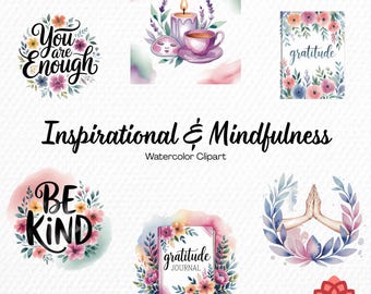 Watercolor Inspirational and Mindfulness Collection Clipart, Peaceful Meditation Clipart, Zen Balance Bundle, Calm Spirit PNG