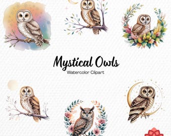 Watercolor Mystical Owls Collection Clipart, Magic Night Bird Clipart, Enchanted Feathers Bundle, Celestial Owl Graphics PNG
