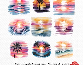 Watercolor Ocean Sunset Collection Clipart, Tropical Dusk Clipart, Evening Beach Bundle, Golden Horizon PNG