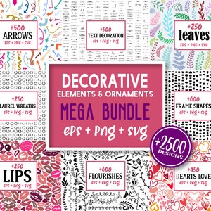 Dekoratives MEGA BUNDLE, Schnörkel, Blätter, Flügel, Funkeln Sterne. Swooshes,Krone,Zierrahmen,Feder,Rahmenformen,Herzen,Lorbeerkränze
