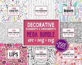 Decorative Elements Mega Bundle, Flourishes, Frames, Hearts (SVG, PNG)