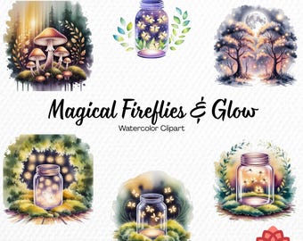 Watercolor Magical Fireflies and Glow Collection Clipart, Glowing Bug Clipart, Enchanted Night Bundle, Luminous Insect PNG