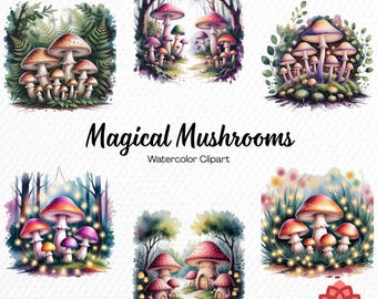 Watercolor Magical Mushrooms Collection Clipart, Enchanted Fungi Clipart, Mystical Toadstool Bundle, Fantasy Forest PNG