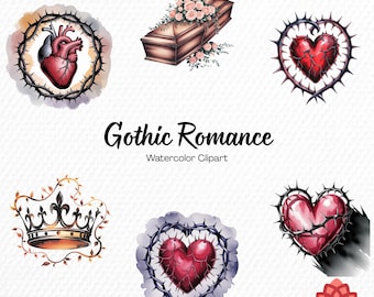 Watercolor Gothic Romance Collection Clipart, Dark Love Story Bundle, Moody Valentine PNG, Vintage Macabre Couple And Floral Elements