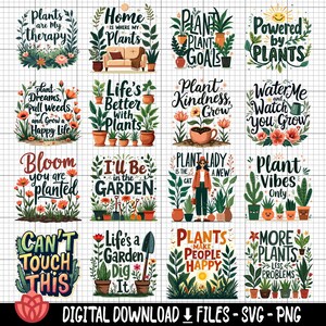 Puede incluir: Un conjunto de 12 diseños digitales coloridos con plantas y frases inspiradoras. Los diseños incluyen frases como "Las plantas son mi terapia", "La vida es mejor con las plantas", "Planta bondad, crece", y "Vibraciones de plantas solo".