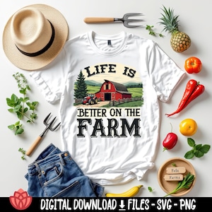 May include: White t-shirt with the text "LIFE IS BETTER ON THE FARM" and a graphic of a red barn and tractor. The image includes a straw hat, denim jeans, and various fruits and vegetables.