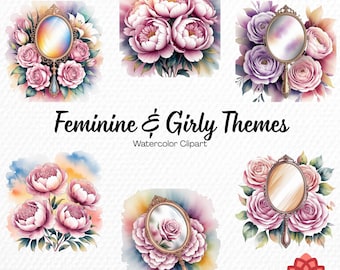 Watercolor Feminine and Girly Themes Collection Clipart, Cute Pastel Lifestyle Clipart, Elegant Accessories Bundle, Chic Fashion Items PNG