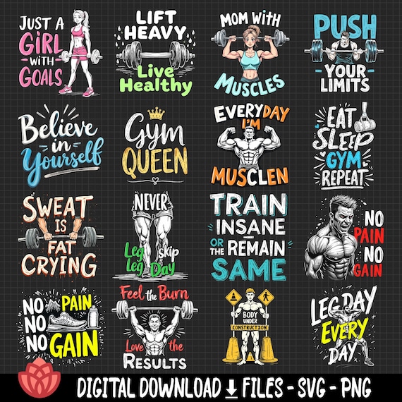 Gym Workout Quotes SVG Bundle, Fitness Motivation (Digital Download)