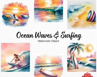 Watercolor Ocean Waves Surfing Collection Clipart, Surfboard Clipart, Tropical Swell Bundle, Beach Rider PNG