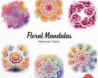 Watercolor Floral Mandalas Collection Clipart, Botanical Zen Clipart, Boho Flower Meditation Bundle, Intricate Floral Pattern PNG
