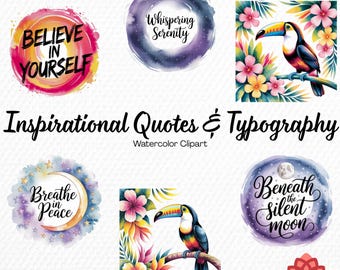 Watercolor Inspirational Quotes and Typography Collection Clipart, Motivational Text Clipart, Positive Lettering Bundle, Word Art PNG
