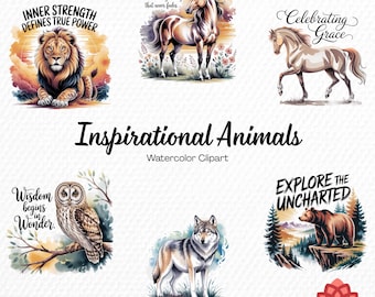 Watercolor Inspirational Animals Collection Clipart, Wise Creature Clipart, Motivational Wildlife Bundle, Courageous Pet PNG