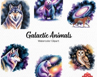 Watercolor Galactic Animals Collection Clipart, Cosmic Wildlife Clipart, Space Creature Bundle, Starry Night Pet PNG