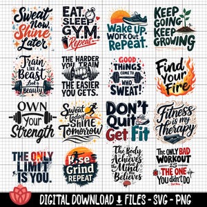 Puede incluir: Un conjunto de 12 citas de motivación para el fitness en una disposición de cuadrícula. Las citas están en varios colores y fuentes, algunas con ilustraciones de pesas, una persona corriendo y una salida del sol. Las citas incluyen "Sweat Now Shine Later", "Eat Sleep Gym Repeat", "Wake Up Work Out Repeat", "Keep Going Keep Growing", "Train Like a Beast", "The Harder You Train The Easier You Gets", "Good Things Come To Who Sweat", "Find Your Fire", "Own Your Strength", "Sweat Today Shine Tomorrow", "Don't Quit Get Fit", "Fitness is My Therapy", "The Only Limit Is You", "Rise Grind Repeat", "The Body Achieves What The Mind Believes", and "The Only Bad Workout Is The One You Didn't Do".