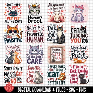 面白い猫の名言 svg バンドル、陽気な猫のデザイン svg、猫好きの名言、面白い猫好き、かわいい猫のユーモア svg、猫のミーム、猫ママ、ペット好き
