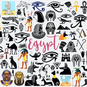 May include: A colorful illustration of various Egyptian symbols and icons, including the Eye of Horus, pyramids, scarab beetles, ankh symbols, and hieroglyphics. The word "Egypt" is written in pink cursive letters in the center of the image.