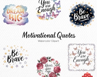 Watercolor Motivational Quotes Collection Clipart, Inspiring Typography Clipart, Positive Affirmation Bundle, Uplifting Daily Words PNG