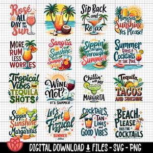 Può includere: Un set di 12 design digitali colorati a tema estivo con cocktail e bevande. I design includono testo come "Rosé All Day in the Sun", "Sangria Sunshine Summer Vibes", "Sippin' the Way Through Summer", "Summer Days & Cocktails by the Pool", "Tropical Vibes and Tequila Shots", "Wine Not? It's Summer", "Chillin' with My Margarita", "Tequila Tacos and Sunshine", "Sippin' on Sunshine and Margaritas", "Let's Get Fizzical Summer Edition", "Cocktails, Tan Lines and Good Vibes", e "Beach Please Pass the Cocktails".