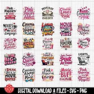 Pode incluir: Gráficos de download digital com designs temáticos de filmes em rosa e preto. Os designs incluem frases como "Pink Popcorn & Chill", "Movie Nights Pink Vibes" e "Lights, Camera, Action!" Perfeito para projetos de artesanato.