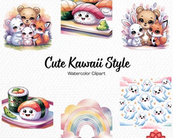 Watercolor Cute Kawaii Style Collection Clipart, Adorable Pastel Clipart, Sweet Japanese Bundle, Lovely Anime Aesthetic PNG