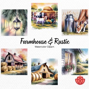 Watercolor Farmhouse and Rustic Collection Clipart, Cozy Country Home Clipart, Vintage Barnyard Bundle, Antique Wooden Elements Decor PNG