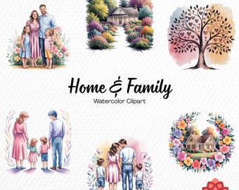 Watercolor Home and Family Collection Clipart, Loving Household Clipart, Togetherness Bundle, Domestic Bliss PNG