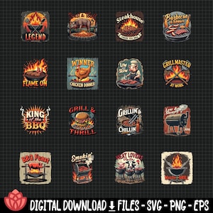 Może przedstawiać: Zestaw 16 kolorowych ilustracji w stylu vintage przedstawiających różne motywy związane z grillowaniem i barbecue. Każda ilustracja ma unikalny projekt z tekstem, takim jak "King of the BBQ", "Grill Master" i "Meat Lovers Unite".