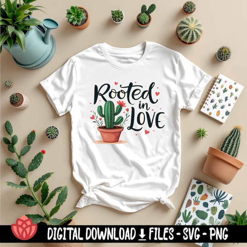 May include: White t-shirt featuring a green cactus graphic and the text "Rooted in Love". The cactus is in a brown pot and has red flowers. There are pink hearts around the text.