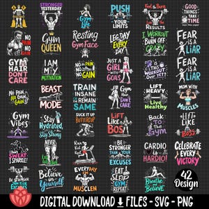 May include: A collection of 42 motivational fitness quotes and illustrations. The quotes are in a variety of styles and colors, and feature images of people working out, lifting weights, and running. The quotes include phrases like "Gym Queen", "Train Insane", "Lift Like a Boss", and "Celebrate Every Victory".