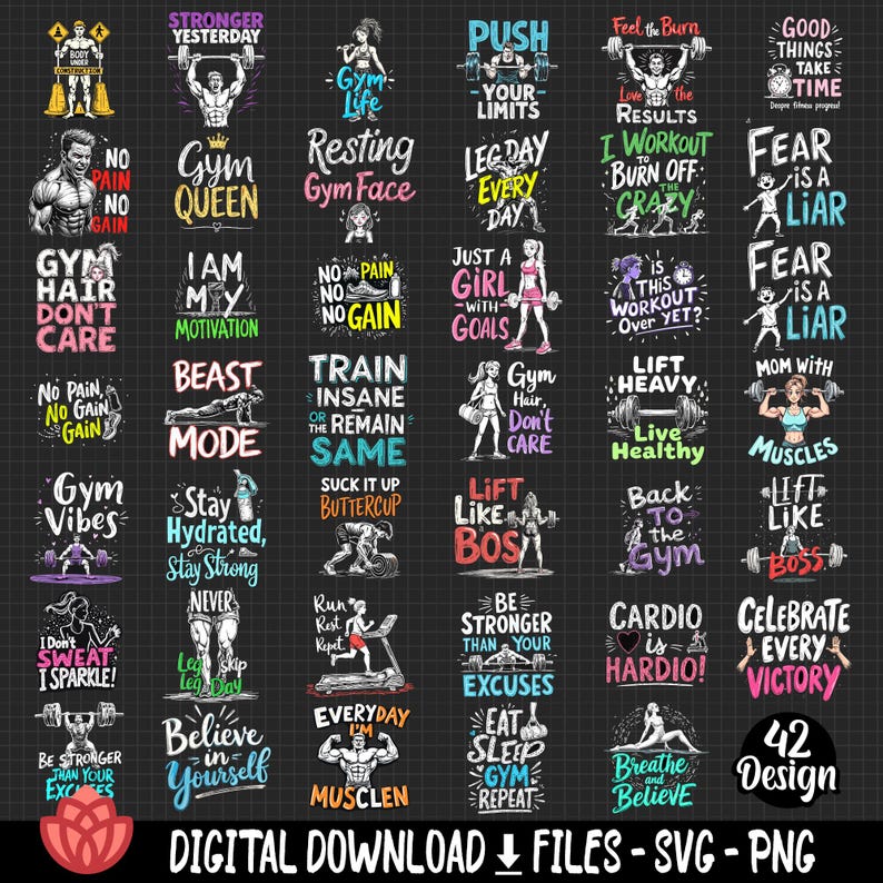 May include: A collection of 42 motivational fitness quotes and illustrations. The quotes are in a variety of styles and colors, and feature images of people working out, lifting weights, and running. The quotes include phrases like "Gym Queen", "Train Insane", "Lift Like a Boss", and "Celebrate Every Victory".