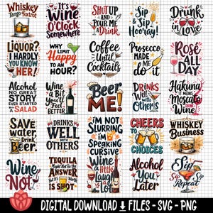 Puede incluir: Un conjunto de 20 diseños digitales coloridos con citas sobre el tema del vino, la cerveza y los cócteles. Los diseños son perfectos para crear camisetas, tazas, bolsas de mano y otros artículos personalizados.