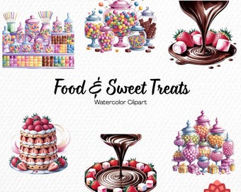 Watercolor Food and Sweet Treats Collection Clipart, Delicious Dessert Clipart, Bakery Pastry Bundle, Yummy Sugar Confections PNG