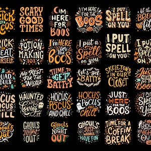 Paquete de svg de Halloween, truco o trato, feliz Halloween, fantasma, espeluznante, horror, araña, naranja, cita de Halloween, abucheo, letras a mano, celebrar