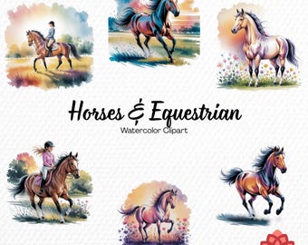 Watercolor Horses and Equestrian Collection Clipart, Majestic Steed Clipart, Riding Club Bundle, Noble Pony PNG