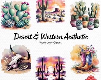 Watercolor Desert and Western Aesthetic Collection Clipart, Boho Cactus Clipart, Wild West Bundle, Rustic Cowboy PNG, Bohemian Art