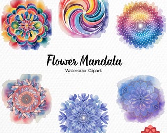 Watercolor Flower Mandala Collection Clipart, Zen Botanical Clipart, Boho Meditation Bundle, Intricate Floral Art PNG