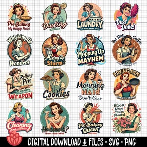 Op de afbeelding: Een set van 16 kleurrijke vintage-stijl illustraties met vrouwen in verschillende huiselijke sc&egrave;nes. Elke illustratie is ingelijst in een cirkel en heeft een humoristische uitspraak die betrekking heeft op de sc&egrave;ne. De illustraties omvatten sc&egrave;nes van bakken, schoonmaken, wassen en meer.