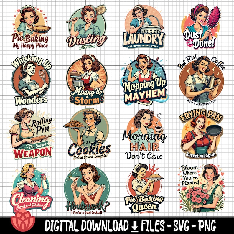 Op de afbeelding: Een set van 16 kleurrijke vintage-stijl illustraties met vrouwen in verschillende huiselijke sc&egrave;nes. Elke illustratie is ingelijst in een cirkel en heeft een humoristische uitspraak die betrekking heeft op de sc&egrave;ne. De illustraties omvatten sc&egrave;nes van bakken, schoonmaken, wassen en meer.