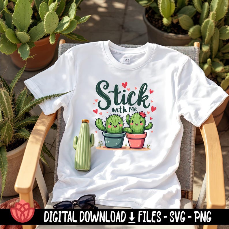 May include: White t-shirt with a graphic of two cartoon cacti with the text "Stick with Me".