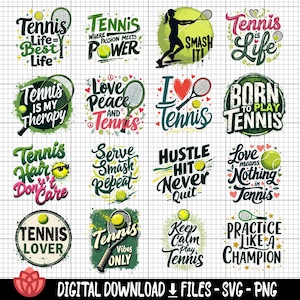 Pode incluir: Um conjunto de 12 designs digitais coloridos com citações e ilustrações sobre o ténis. Os designs incluem frases como "O ténis é a minha terapia", "Amor, paz e ténis", "Hustle Hit Never Quit" e "Pratique como um campeão".