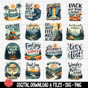 以下が含まれることがあります： 旅行と冒険についてのインスピレーションを与える引用文が書かれた、山、木、道路のカラフルなイラストが特徴の、デジタルダウンロードファイル12点セット。引用文には、「ビーチ、お願い」「最高の眺めは、最も難しい登山の後にやってくる」「すべての出口は、別の場所への入り口」「荷造りして、行こう」「もっと探検して、心配を減らそう」「冒険」「最も生き生きと感じられる場所に行こう」「自然の中で自分自身を見つけよう」「Wi-Fiのある場所をさまよう」「旅の喜びを見つけよう」「旅は目的地である」「迷子になろう」「自分自身に出会うまで旅を続けよう」「旅の喜びを見つけよう」「常に受け入れよう」「Wi-Fiが弱い場所でさまよう」などがあります。