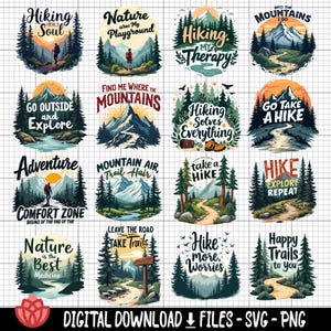 Può includere: Un set di 12 illustrazioni digitali colorate con temi di escursionismo e natura. Ogni illustrazione presenta un design diverso con testo come "Hiking Heals Soul", "Nature is My Playground", "Hiking Therapy", "Find Me Where the Mountains", "Hiking Solves Everything", "Go Take a Hike", "Adventure Comfort Zone", "Mountain Air Trail Hair", "Leave the Road Take Trails", "Hike More Worries" e "Happy Trails to You".