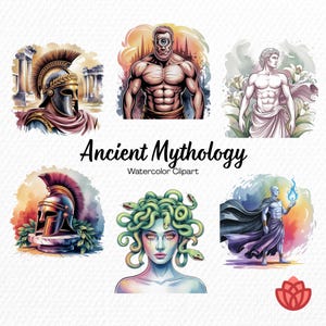 May include: A collection of six watercolour illustrations depicting figures from ancient mythology, including a helmeted warrior, a cyclops, a statue-like figure, a helmet, Medusa with snakes for hair, and a figure holding blue fire, with the text Ancient Mythology.