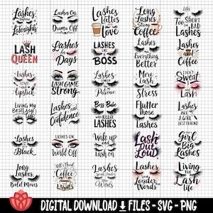 Puede incluir: Una descarga digital de 20 archivos SVG y PNG con varios diseños con la palabra "Pestañas" y frases relacionadas. Los diseños incluyen pestañas, tazas de café, lápiz labial y otras imágenes relacionadas.