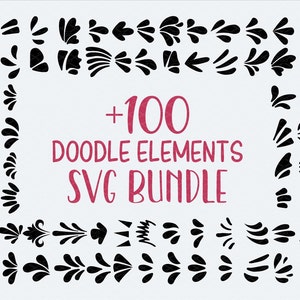 Puede incluir: Un fondo blanco con un borde negro de elementos de garabatos. El texto +100 DOODLE ELEMENTS SVG BUNDLE está escrito en rosa en el centro de la imagen.