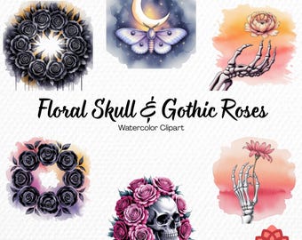 Watercolor Floral Skull and Gothic Roses Collection Clipart, Dark Floral Clipart, Spooky Romantic Bundle, Halloween Anatomy PNG