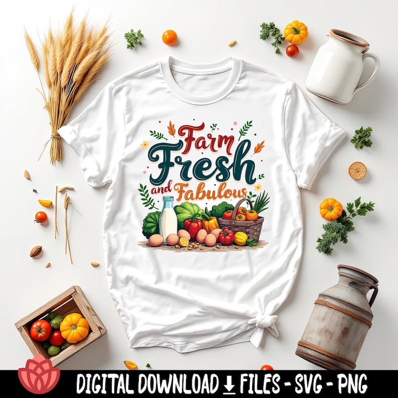May include: White t-shirt with the text "Farm Fresh and Fabulous" in a colorful design. The shirt features a basket of vegetables, eggs, and a bottle of milk. The image includes wheat, tomatoes, and pumpkins.