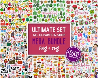 Mega Clipart Bundle, Food, Animals, Flowers (SVG, PNG)