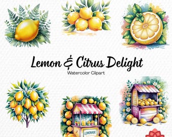 Watercolor Lemon and Citrus Delight Collection Clipart, Fresh Fruit Clipart, Summer Yellow Bundle, Tropical Botanical Graphics PNG