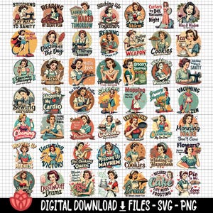 Op de afbeelding: Een set van 36 kleurrijke digitale illustraties met retro-stijl vrouwen in verschillende huiselijke omgevingen. Elke illustratie bevat een humoristische zin die betrekking heeft op huishoudelijke taken, hobby's en activiteiten. De illustraties zijn perfect voor knutselprojecten, sociale media en persoonlijk gebruik.